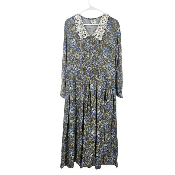 Laura Ashley Prairie Cottage Dress Green Wool Floral Lace Collar Pleated Size 6 - Picture 1 of 6